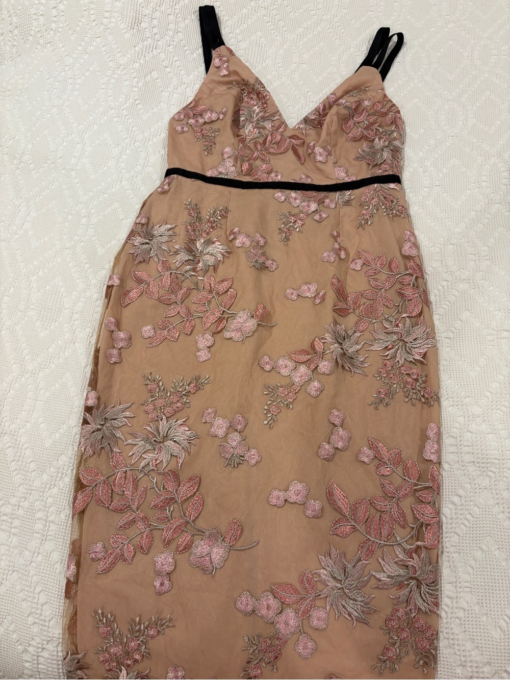 ASOS Design Occasion Blush Floral Embroidered Midi Black Straps Dress, NWT